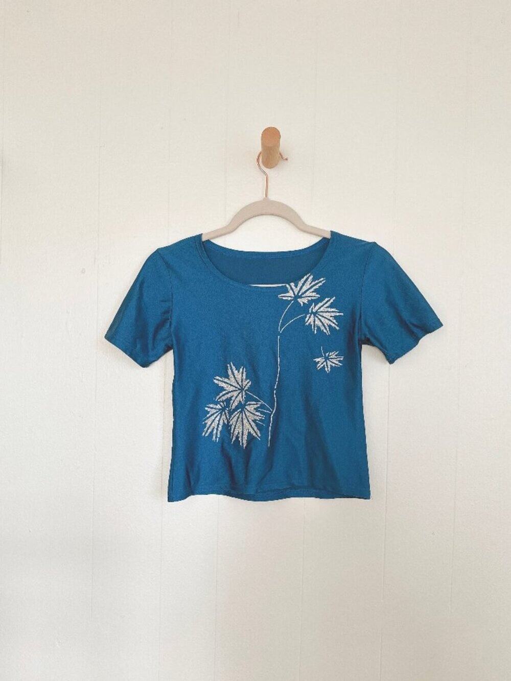 Vintage 90s Teal Glitter Floral Baby Tee Cyber Y2K Grunge Crop Top Small